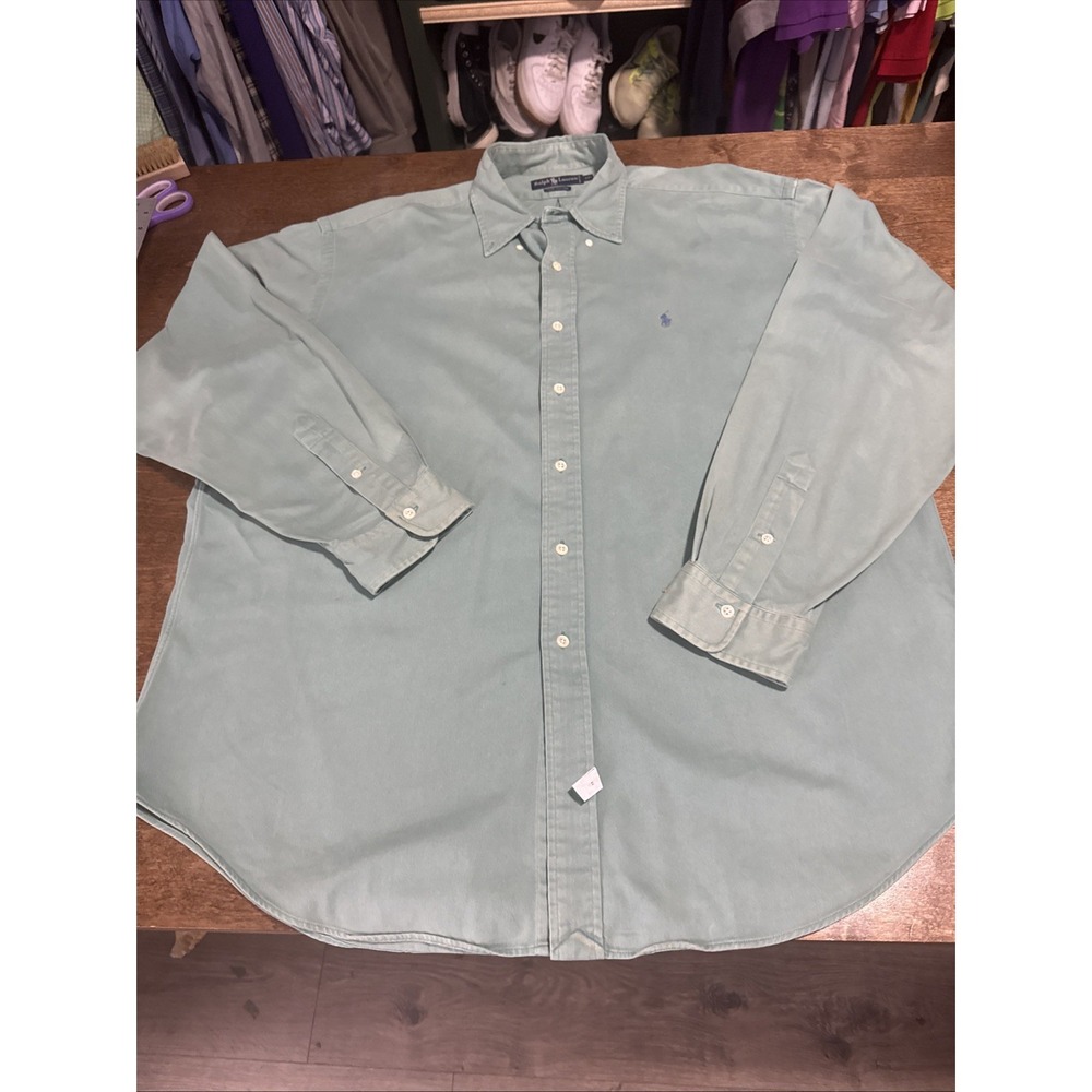 VTG Ralph‎ Lauren Long Sleeve Button Down Men's Light Green 100% Cotton Sz XL
